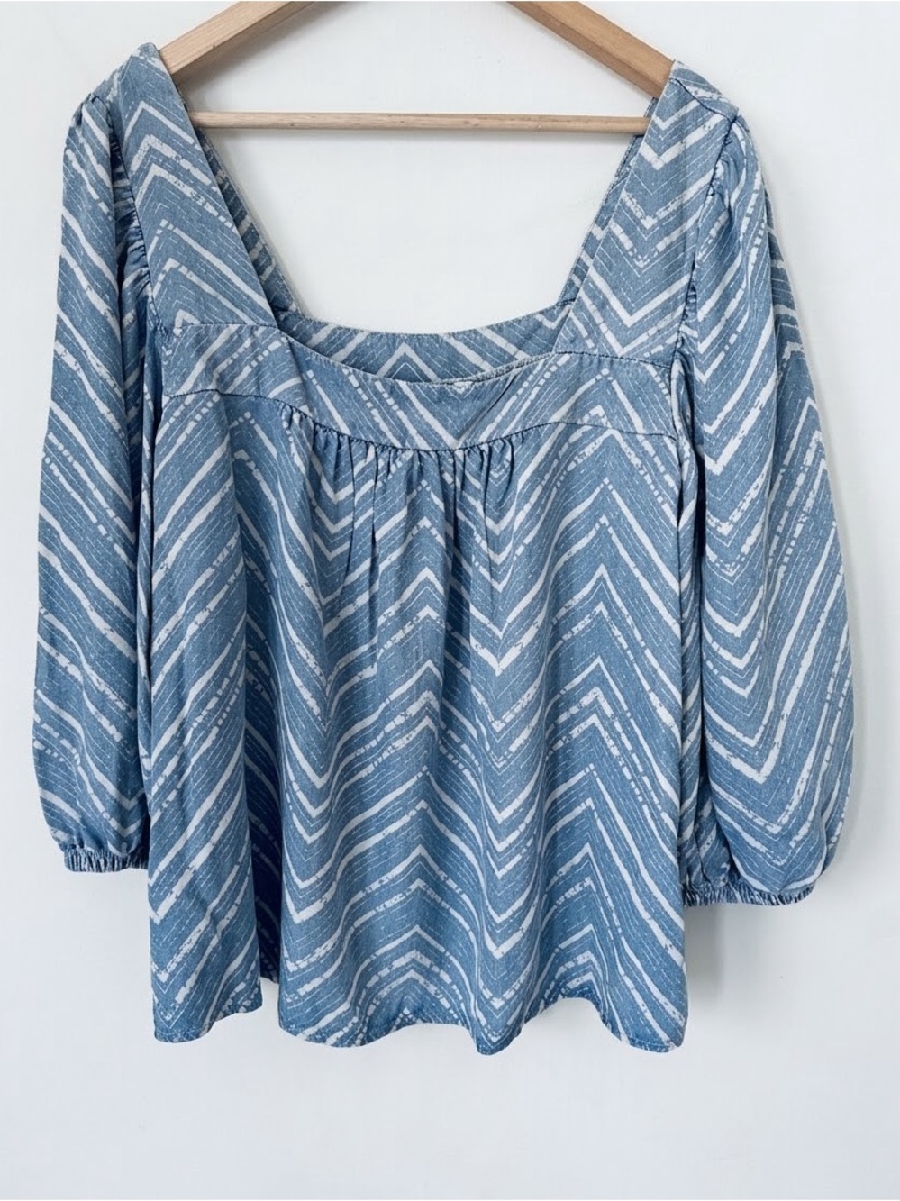 Caslon Blue Denim White Chevron Square Neck Puff Sleeve Blouse XL Femme